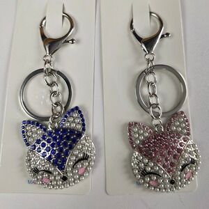 Pastel Collection Fox Bag Charm Key Chain Silver NEW Pearl Blue Pink Rhinestone